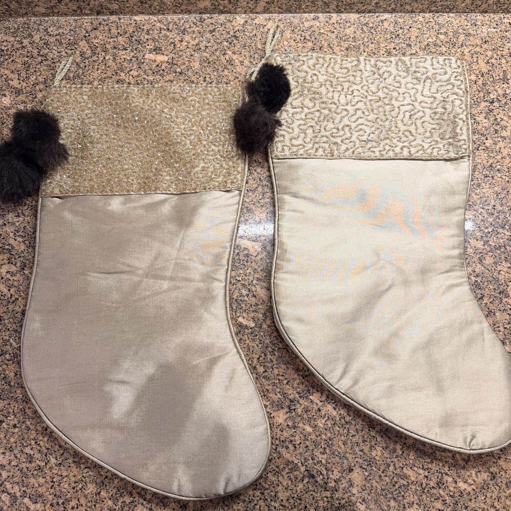 VTG BOMBAY COMPANY Gold Beaded Christmas Stockings Set Of 2 Large‎ Furry Pom Pom